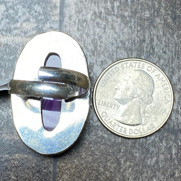 New Purple Striped Agate Silver Overlay Ring Size 9.75 Adjustable - Picture 2 of 5